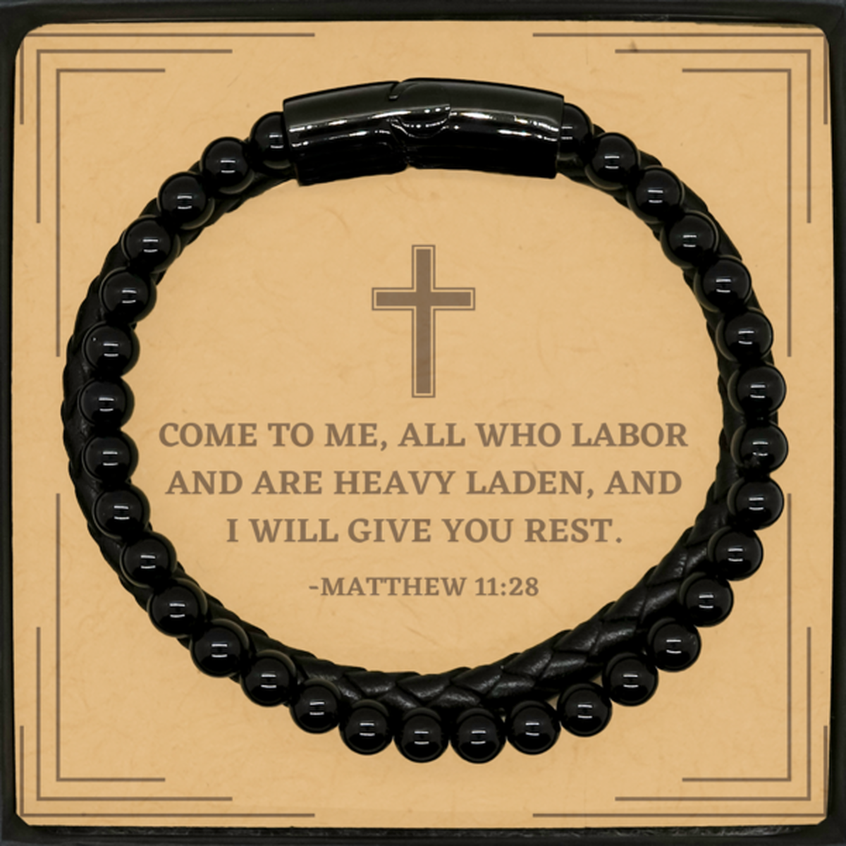 Baptism Gifts For Teenage Boys Girls, Christian Bible Verse Stone Leather Bracelet, Come to me, all who labor, Confirmation Gifts, Bible Verse Card for Son, Godson, Grandson
