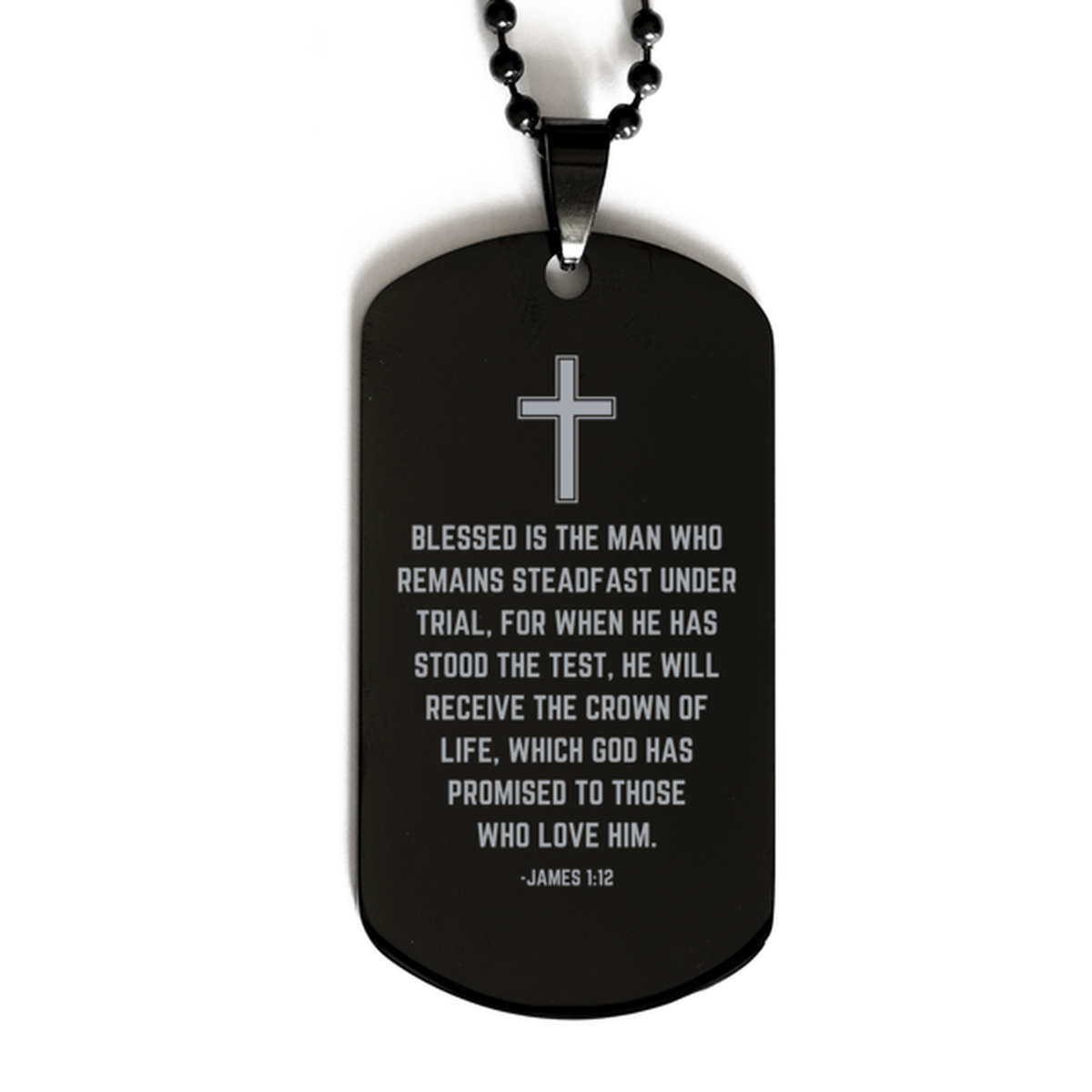 Baptism Gifts For Teenage Boys Girls, Christian Bible Verse Black Dog Tag, Blessed is the man who remains, Confirmation Gifts, Bible Verse Necklace for Son, Godson, Grandson, Nephew