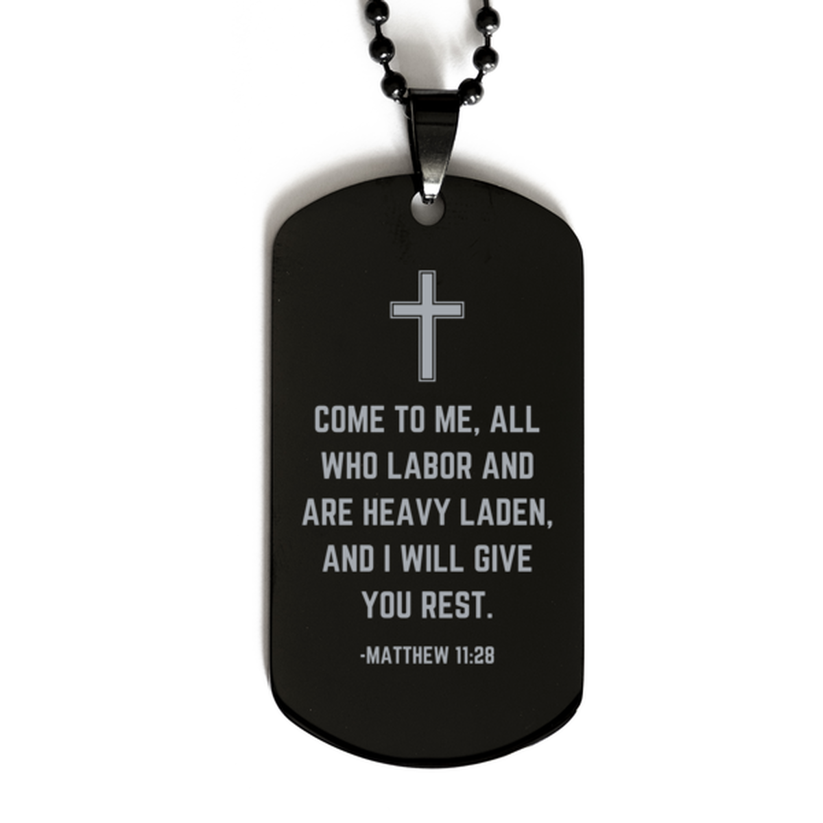 Baptism Gifts For Teenage Boys Girls, Christian Bible Verse Black Dog Tag, Come to me, all who labor, Confirmation Gifts, Bible Verse Necklace for Son, Godson, Grandson, Nephew
