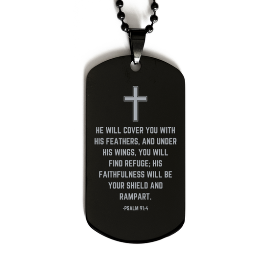 Baptism Gifts For Teenage Boys Girls, Christian Bible Verse Black Dog Tag, He will cover you with his feathers, Confirmation Gifts, Bible Verse Necklace for Son, Godson, Grandson, Nephew