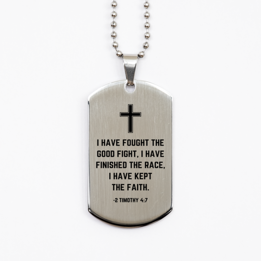 Baptism Gifts For Teenage Boys Girls, Christian Bible Verse Silver Dog Tag, I have fought the good fight, Confirmation Gifts, Bible Verse Necklace for Son, Godson, Grandson, Nephew
