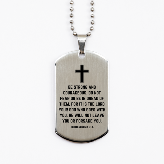 Baptism Gifts For Teenage Boys Girls, Christian Bible Verse Silver Dog Tag, Be strong and courageous, Confirmation Gifts, Bible Verse Necklace for Son, Godson, Grandson, Nephew