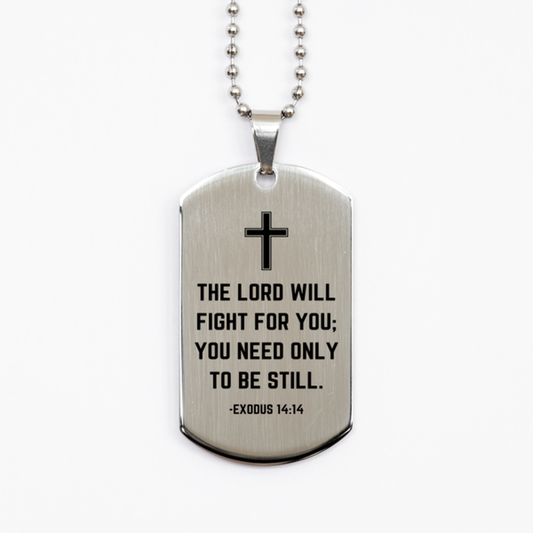 Baptism Gifts For Teenage Boys Girls, Christian Bible Verse Silver Dog Tag, The Lord will fight for you, Confirmation Gifts, Bible Verse Necklace for Son, Godson, Grandson, Nephew
