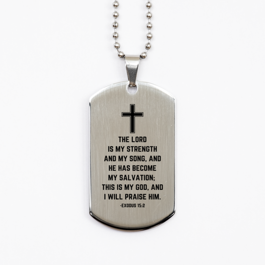 Baptism Gifts For Teenage Boys Girls, Christian Bible Verse Silver Dog Tag, The Lord is my strength, Confirmation Gifts, Bible Verse Necklace for Son, Godson, Grandson, Nephew