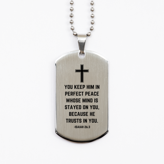 Baptism Gifts For Teenage Boys Girls, Christian Bible Verse Silver Dog Tag, You keep him in perfect peace, Confirmation Gifts, Bible Verse Necklace for Son, Godson, Grandson, Nephew