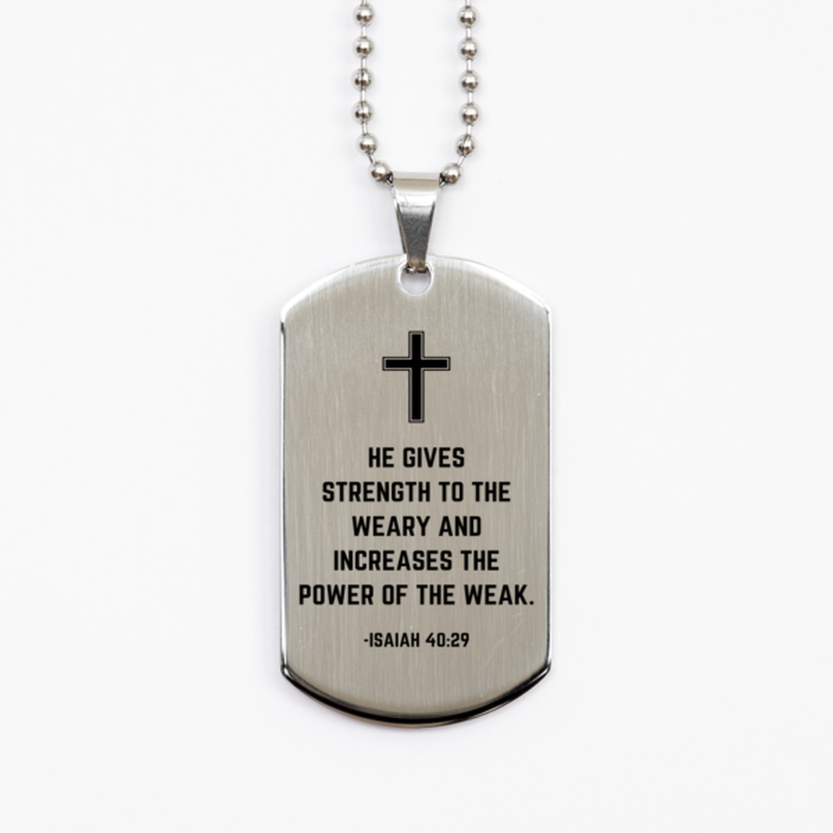 Baptism Gifts For Teenage Boys Girls, Christian Bible Verse Silver Dog Tag, He gives strength to the weary, Confirmation Gifts, Bible Verse Necklace for Son, Godson, Grandson, Nephew
