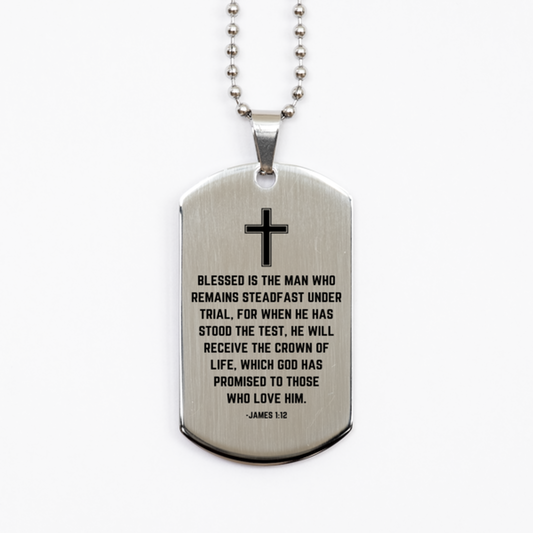 Baptism Gifts For Teenage Boys Girls, Christian Bible Verse Silver Dog Tag, Blessed is the man who remains, Confirmation Gifts, Bible Verse Necklace for Son, Godson, Grandson, Nephew
