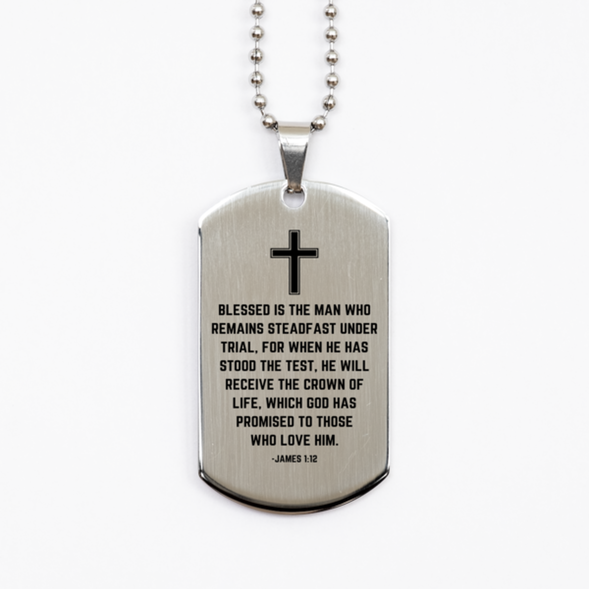 Baptism Gifts For Teenage Boys Girls, Christian Bible Verse Silver Dog Tag, Blessed is the man who remains, Confirmation Gifts, Bible Verse Necklace for Son, Godson, Grandson, Nephew