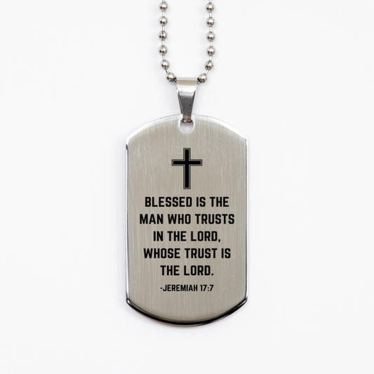 Baptism Gifts For Teenage Boys Girls, Christian Bible Verse Silver Dog Tag, Blessed is the man who trusts, Confirmation Gifts, Bible Verse Necklace for Son, Godson, Grandson, Nephew