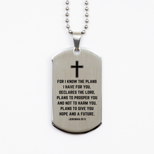 Baptism Gifts For Teenage Boys Girls, Christian Bible Verse Silver Dog Tag, For I know the plans, Confirmation Gifts, Bible Verse Necklace for Son, Godson, Grandson, Nephew