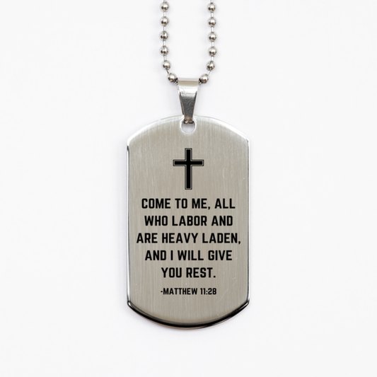 Baptism Gifts For Teenage Boys Girls, Christian Bible Verse Silver Dog Tag, Come to me, all who labor, Confirmation Gifts, Bible Verse Necklace for Son, Godson, Grandson, Nephew
