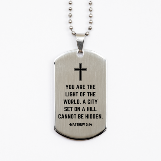 Baptism Gifts For Teenage Boys Girls, Christian Bible Verse Silver Dog Tag, You are the light of the world, Confirmation Gifts, Bible Verse Necklace for Son, Godson, Grandson, Nephew