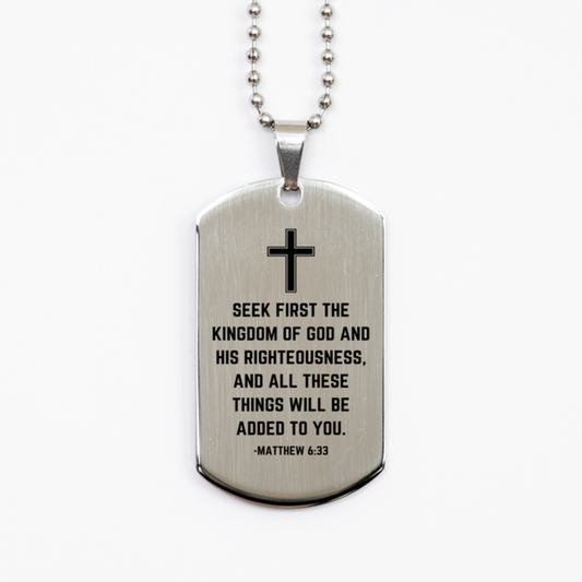 Baptism Gifts For Teenage Boys Girls, Christian Bible Verse Silver Dog Tag, Seek first the kingdom of God, Confirmation Gifts, Bible Verse Necklace for Son, Godson, Grandson, Nephew