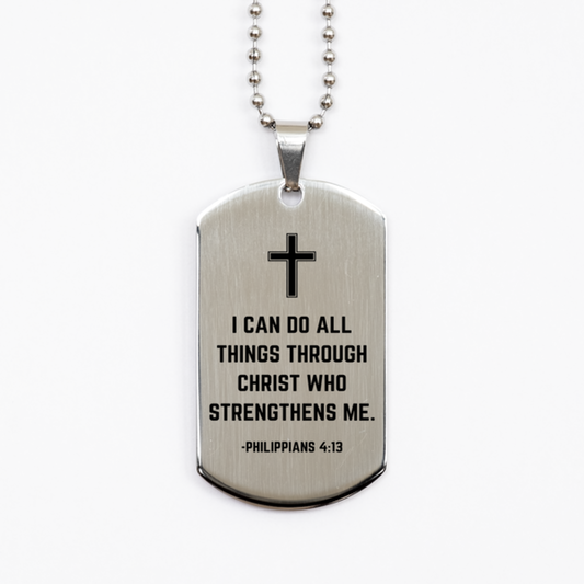 Baptism Gifts For Teenage Boys Girls, Christian Bible Verse Silver Dog Tag, I can do all things through Christ, Confirmation Gifts, Bible Verse Necklace for Son, Godson, Grandson, Nephew