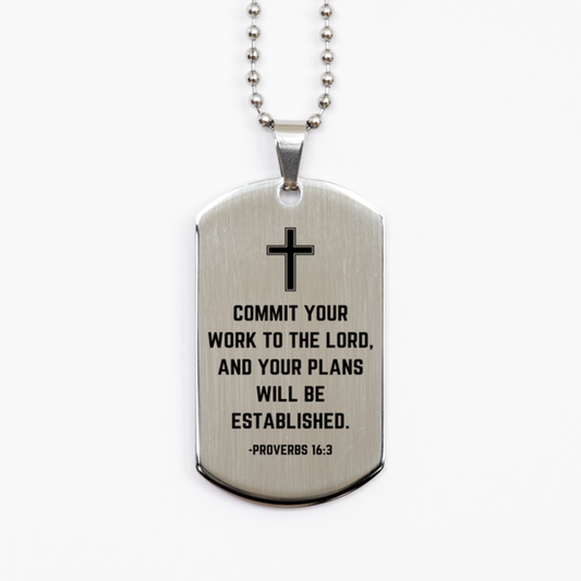 Baptism Gifts For Teenage Boys Girls, Christian Bible Verse Silver Dog Tag, Commit your work to the Lord, Confirmation Gifts, Bible Verse Necklace for Son, Godson, Grandson, Nephew