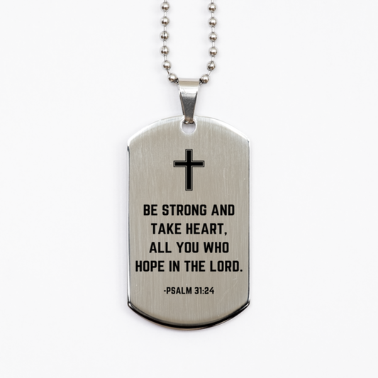 Baptism Gifts For Teenage Boys Girls, Christian Bible Verse Silver Dog Tag, Be strong and take heart, Confirmation Gifts, Bible Verse Necklace for Son, Godson, Grandson, Nephew