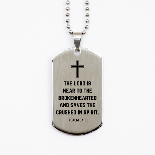 Baptism Gifts For Teenage Boys Girls, Christian Bible Verse Silver Dog Tag, The Lord is near to the brokenhearted, Confirmation Gifts, Bible Verse Necklace for Son, Godson, Grandson, Nephew