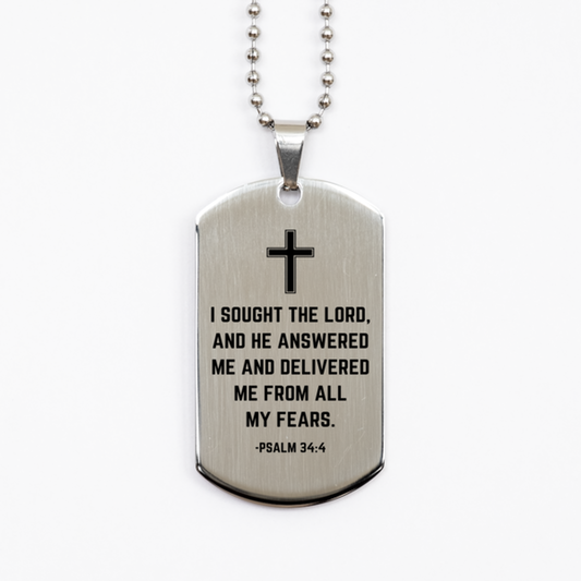 Baptism Gifts For Teenage Boys Girls, Christian Bible Verse Silver Dog Tag, I sought the Lord, Confirmation Gifts, Bible Verse Necklace for Son, Godson, Grandson, Nephew