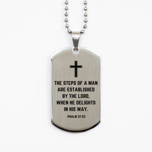 Baptism Gifts For Teenage Boys Girls, Christian Bible Verse Silver Dog Tag, The steps of a man are, Confirmation Gifts, Bible Verse Necklace for Son, Godson, Grandson, Nephew