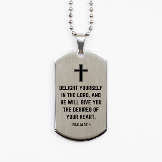 Baptism Gifts For Teenage Boys Girls, Christian Bible Verse Silver Dog Tag, Delight yourself in the Lord, Confirmation Gifts, Bible Verse Necklace for Son, Godson, Grandson, Nephew