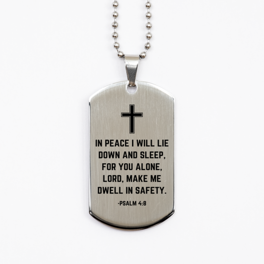 Baptism Gifts For Teenage Boys Girls, Christian Bible Verse Silver Dog Tag, In peace I will lie down and sleep, Confirmation Gifts, Bible Verse Necklace for Son, Godson, Grandson, Nephew
