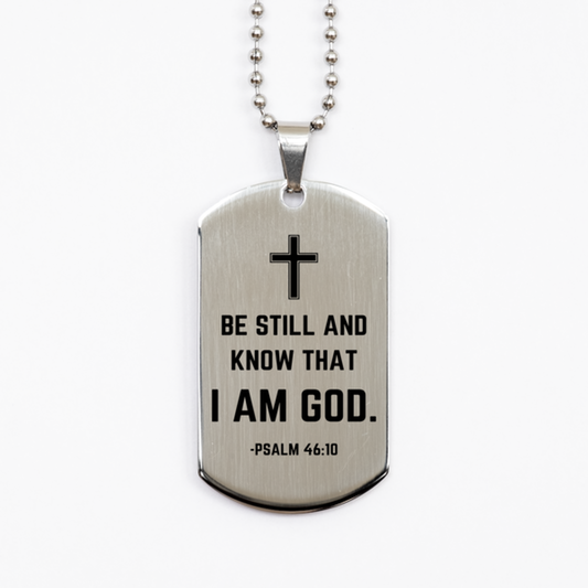 Baptism Gifts For Teenage Boys Girls, Christian Bible Verse Silver Dog Tag, Be still and know that I am god, Confirmation Gifts, Bible Verse Necklace for Son, Godson, Grandson, Nephew