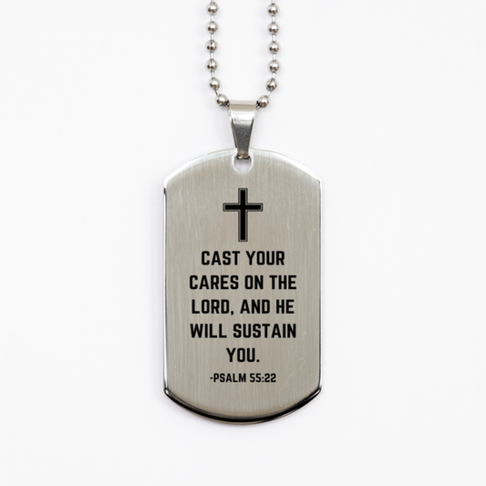 Baptism Gifts For Teenage Boys Girls, Christian Bible Verse Silver Dog Tag, Cast your cares on the Lord, Confirmation Gifts, Bible Verse Necklace for Son, Godson, Grandson, Nephew