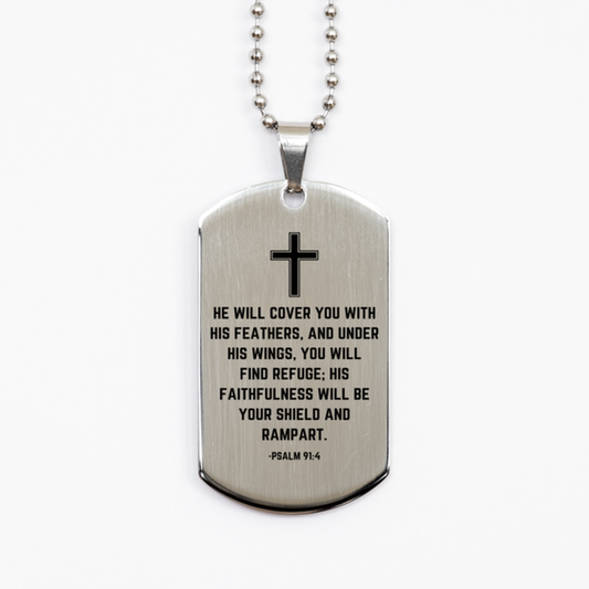 Baptism Gifts For Teenage Boys Girls, Christian Bible Verse Silver Dog Tag, He will cover you with his feathers, Confirmation Gifts, Bible Verse Necklace for Son, Godson, Grandson, Nephew
