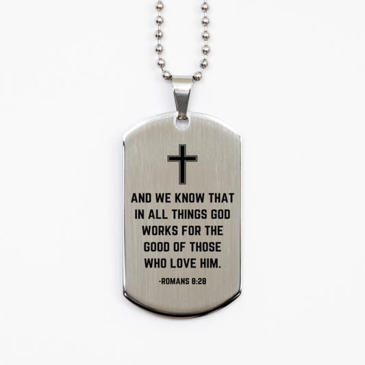 Baptism Gifts For Teenage Boys Girls, Christian Bible Verse Silver Dog Tag, And we know that in all things, Confirmation Gifts, Bible Verse Necklace for Son, Godson, Grandson, Nephew