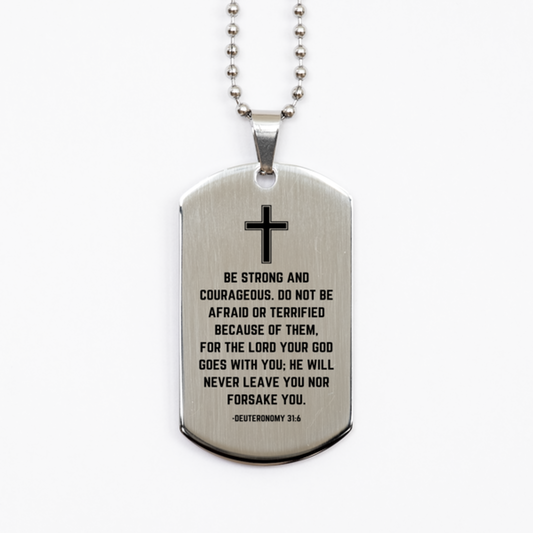 Baptism Gifts For Teenage Boys Girls, Christian Bible Verse Silver Dog Tag, He will never leave you nor forsake you, Confirmation Gifts, Bible Verse Necklace for Son, Godson, Grandson, Nephew