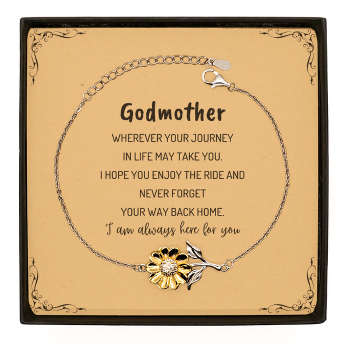 Godmother wherever your journey in life may take you, I am always here for you Godmother Sunflower Bracelet, Awesome Christmas Gifts For Godmother Message Card, Godmother Birthday Gifts for Men Women Family Loved One