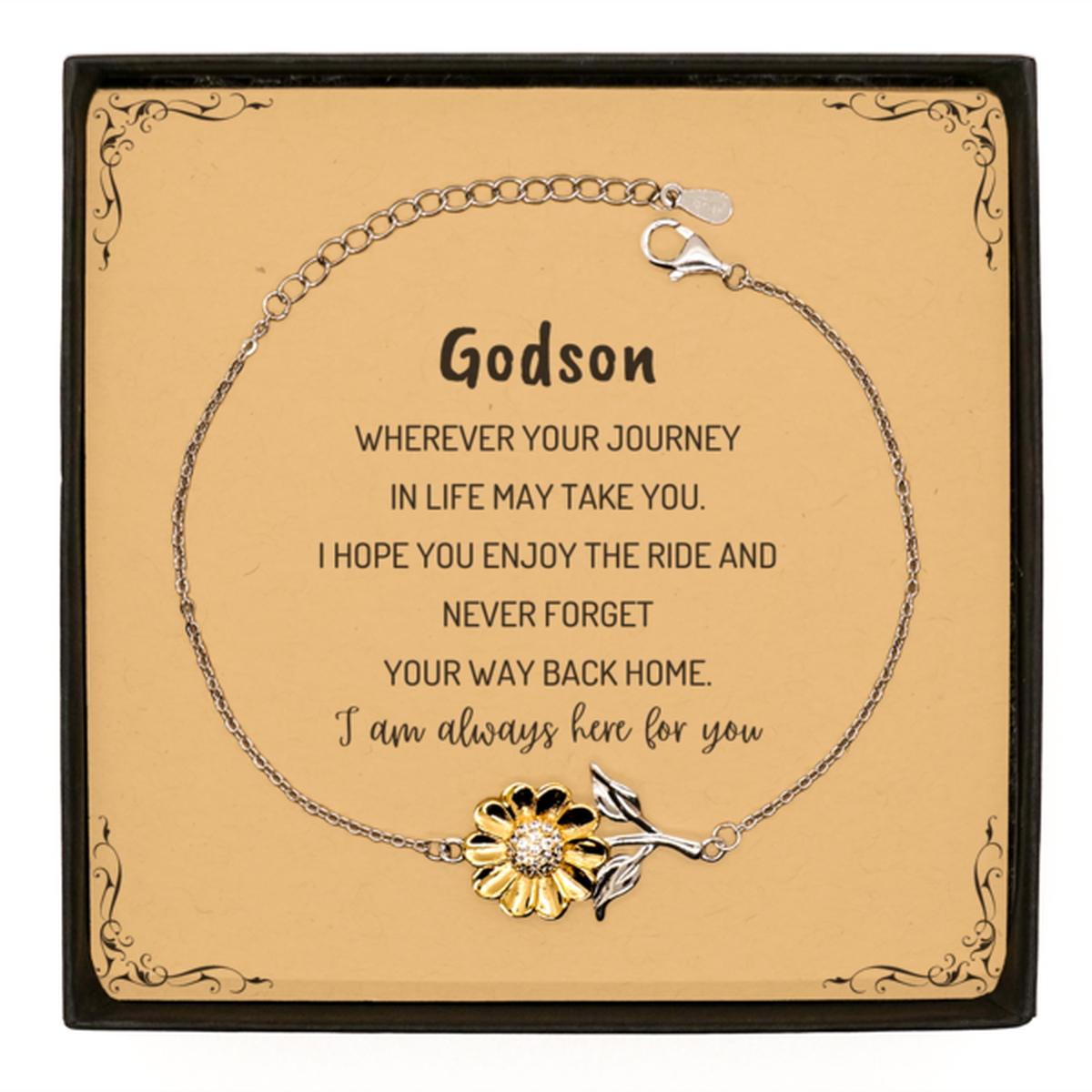 Godson wherever your journey in life may take you, I am always here for you Godson Sunflower Bracelet, Awesome Christmas Gifts For Godson Message Card, Godson Birthday Gifts for Men Women Family Loved One
