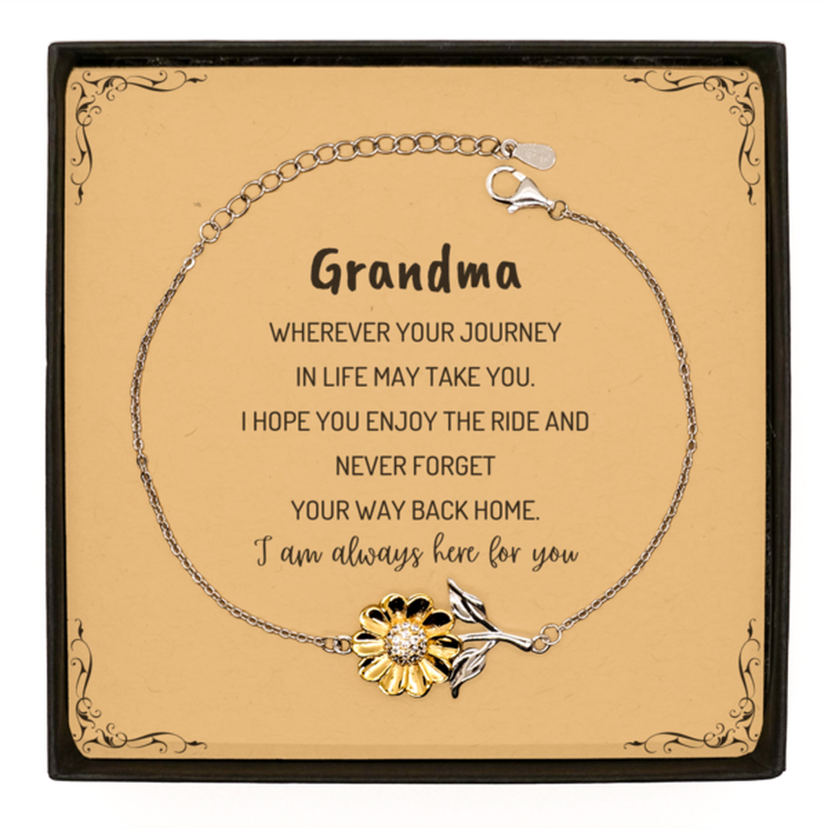 Grandma wherever your journey in life may take you, I am always here for you Grandma Sunflower Bracelet, Awesome Christmas Gifts For Grandma Message Card, Grandma Birthday Gifts for Men Women Family Loved One