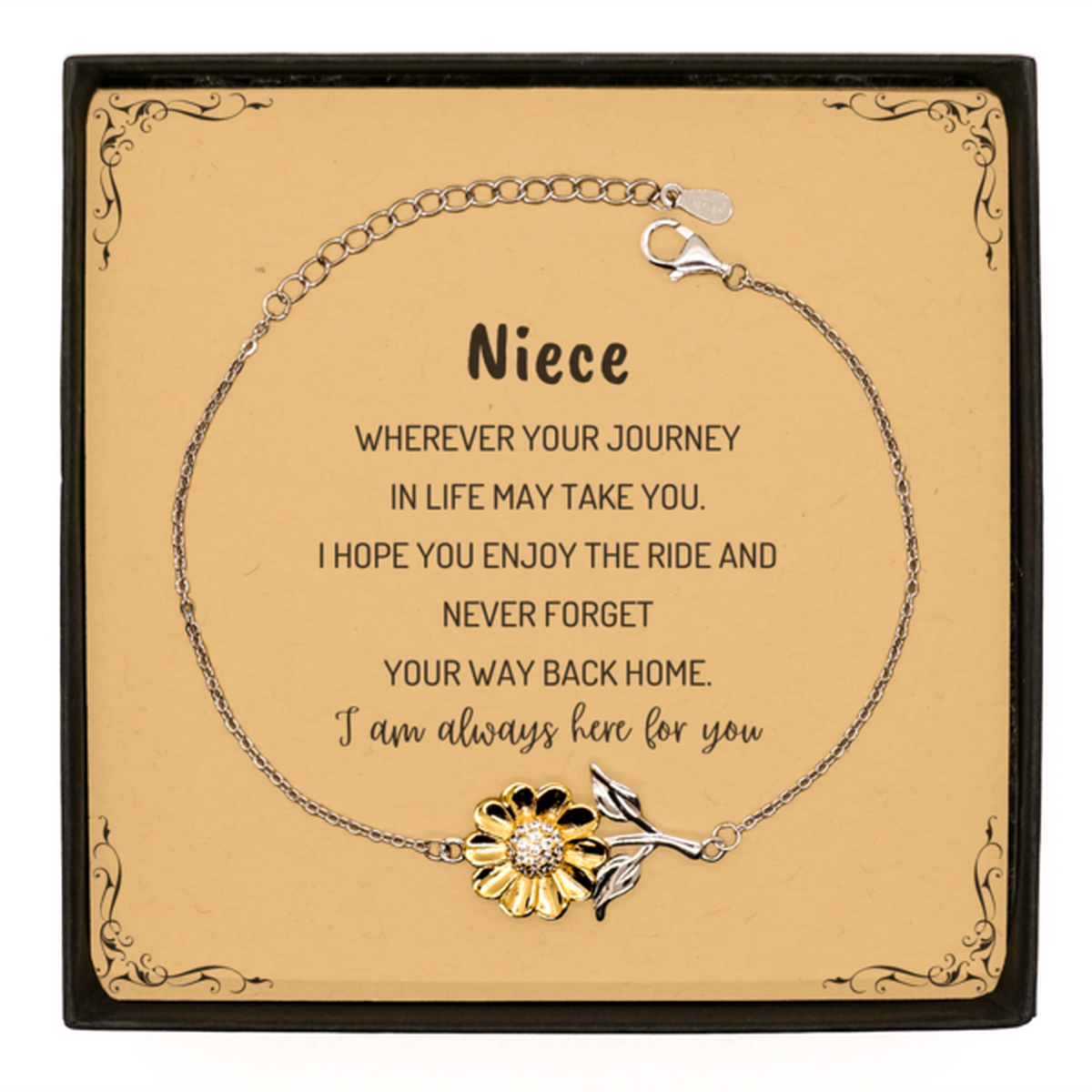 Niece wherever your journey in life may take you, I am always here for you Niece Sunflower Bracelet, Awesome Christmas Gifts For Niece Message Card, Niece Birthday Gifts for Men Women Family Loved One