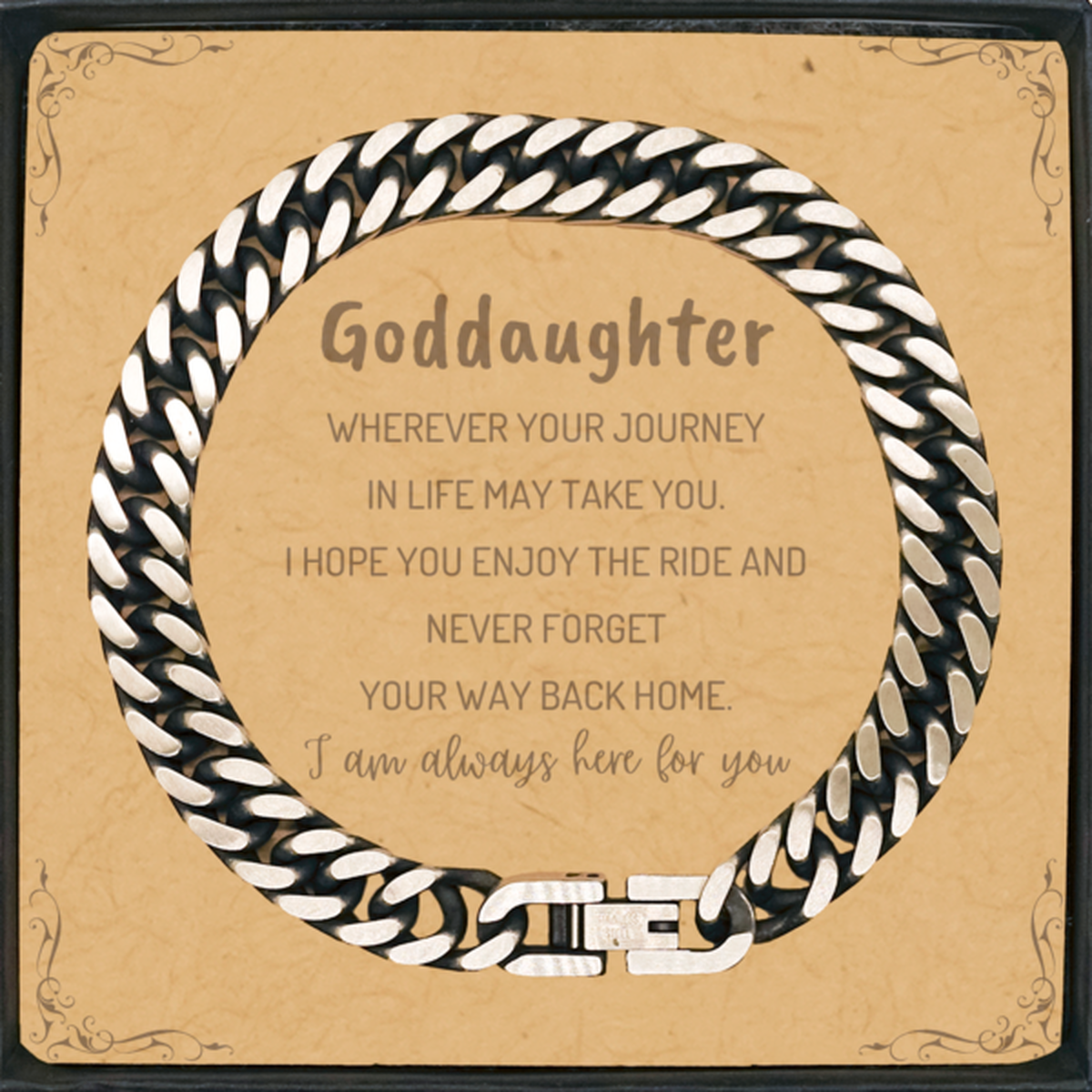 Goddaughter wherever your journey in life may take you, I am always here for you Goddaughter Cuban Link Chain Bracelet, Awesome Christmas Gifts For Goddaughter Message Card, Goddaughter Birthday Gifts for Men Women Family Loved One