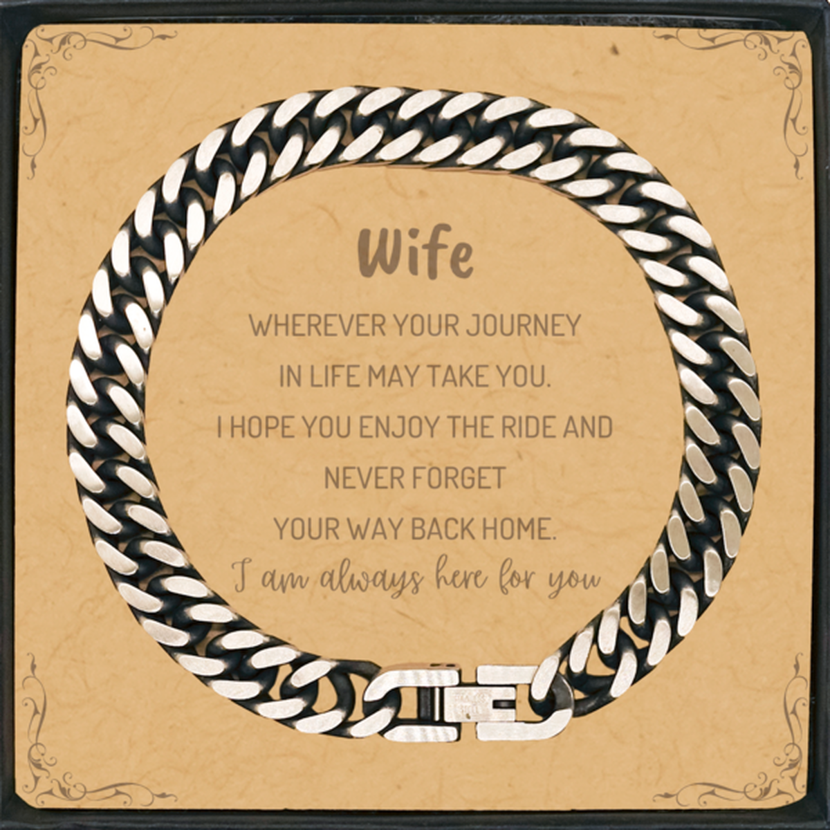 Wife wherever your journey in life may take you, I am always here for you Wife Cuban Link Chain Bracelet, Awesome Christmas Gifts For Wife Message Card, Wife Birthday Gifts for Men Women Family Loved One