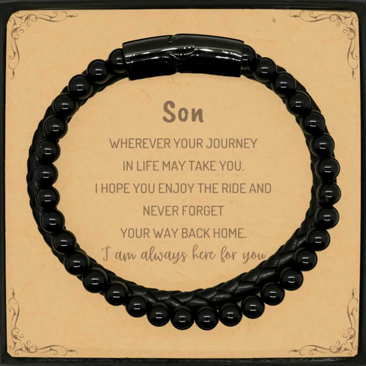 Son wherever your journey in life may take you, I am always here for you Son Stone Leather Bracelets, Awesome Christmas Gifts For Son Message Card, Son Birthday Gifts for Men Women Family Loved One