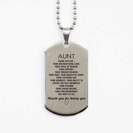 Aunt Silver Dog Tag Custom, Engraved Gifts For Aunt Christmas Graduation Birthday Gifts for Men Women Aunt Thank you for Your unconditional love