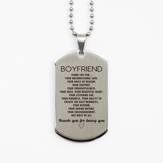 Boyfriend Silver Dog Tag Custom, Engraved Gifts For Boyfriend Christmas Graduation Birthday Gifts for Men Women Boyfriend Thank you for Your unconditional love