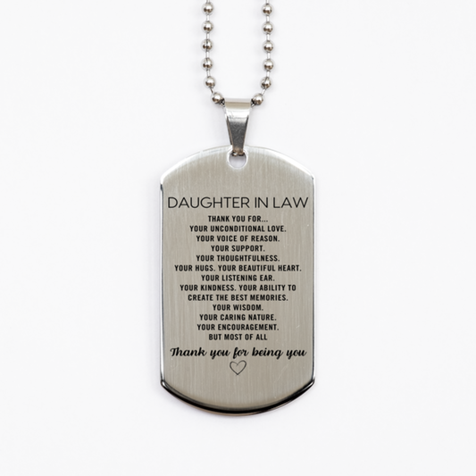 Daughter In Law Silver Dog Tag Custom, Engraved Gifts For Daughter In Law Christmas Graduation Birthday Gifts for Men Women Daughter In Law Thank you for Your unconditional love