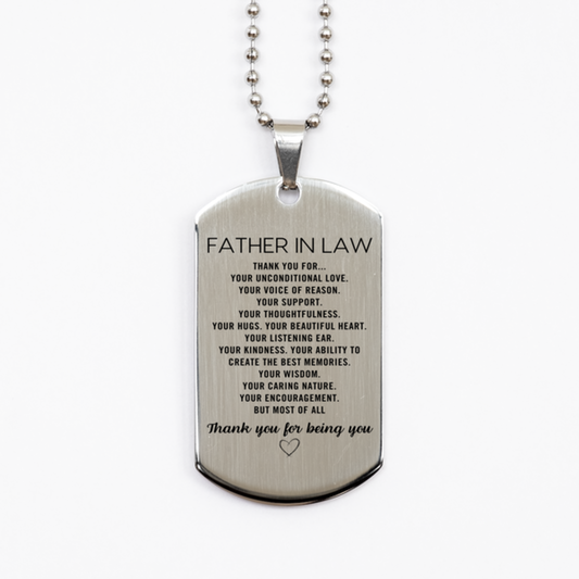 Father In Law Silver Dog Tag Custom, Engraved Gifts For Father In Law Christmas Graduation Birthday Gifts for Men Women Father In Law Thank you for Your unconditional love