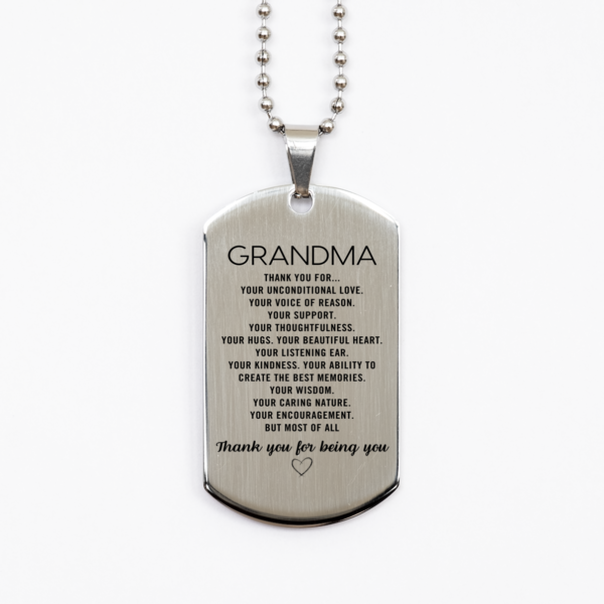 Grandma Silver Dog Tag Custom, Engraved Gifts For Grandma Christmas Graduation Birthday Gifts for Men Women Grandma Thank you for Your unconditional love
