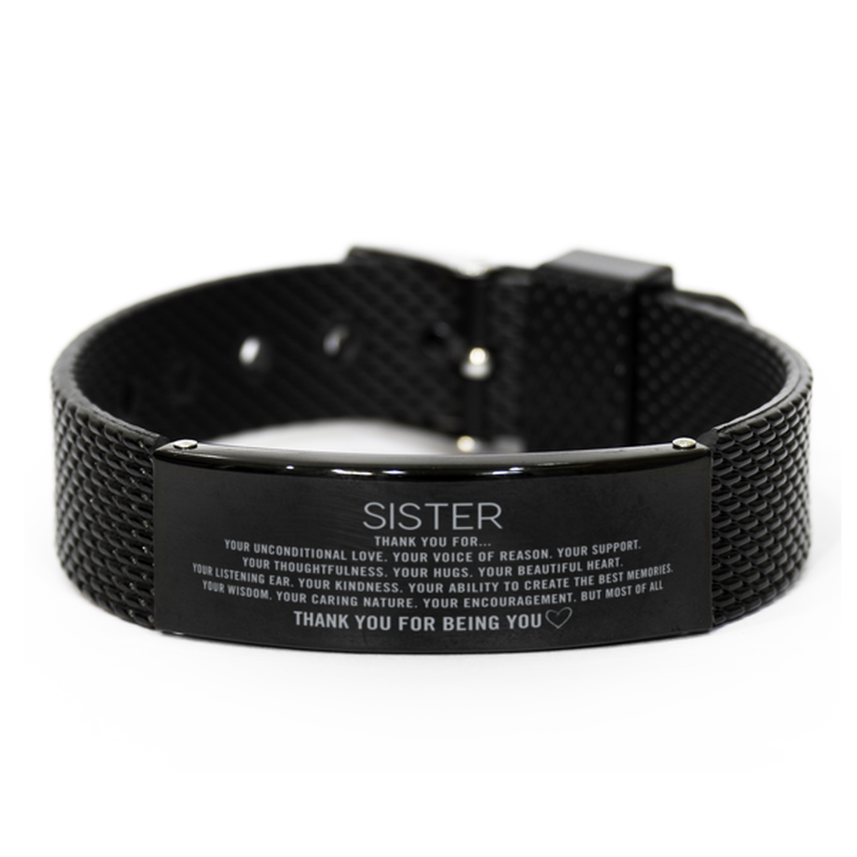 Sister Black Shark Mesh Bracelet Custom, Engraved Gifts For Sister Christmas Graduation Birthday Gifts for Men Women Sister Thank you for Your unconditional love