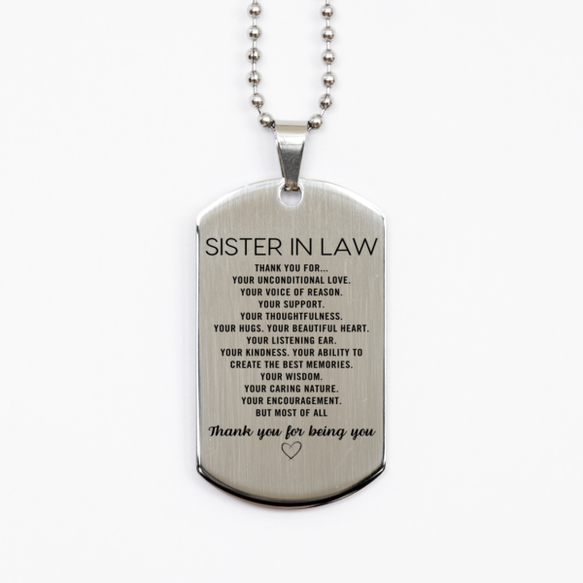 Sister In Law Silver Dog Tag Custom, Engraved Gifts For Sister In Law Christmas Graduation Birthday Gifts for Men Women Sister In Law Thank you for Your unconditional love