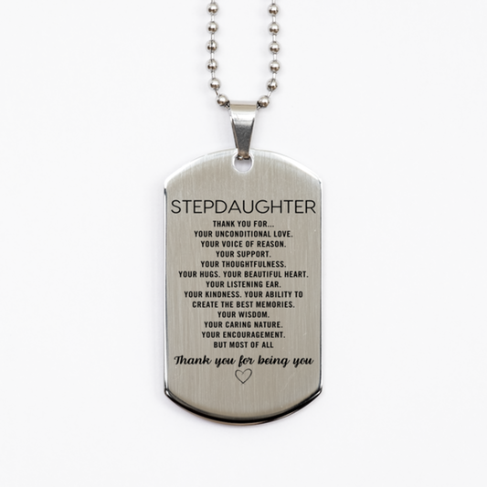 Stepdaughter Silver Dog Tag Custom, Engraved Gifts For Stepdaughter Christmas Graduation Birthday Gifts for Men Women Stepdaughter Thank you for Your unconditional love