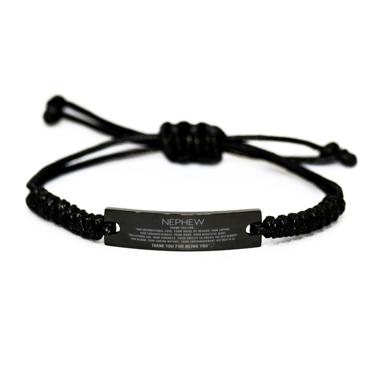 Nephew Black Rope Bracelet Custom, Engraved Gifts For Nephew Christmas Graduation Birthday Gifts for Men Women Nephew Thank you for Your unconditional love