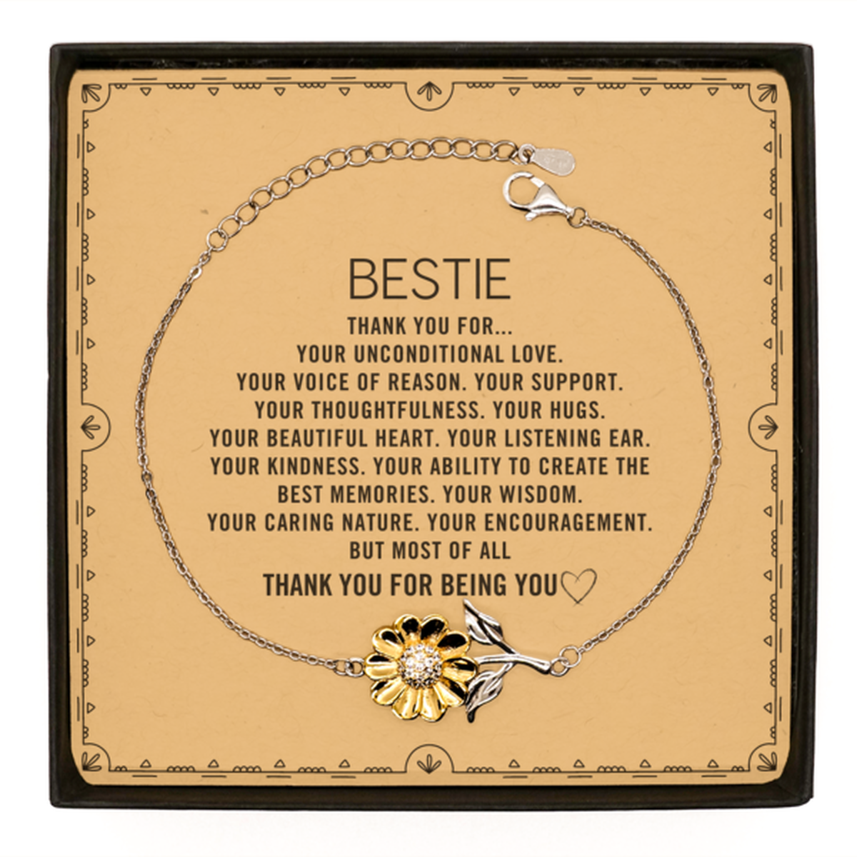 Bestie Sunflower Bracelet Custom, Message Card Gifts For Bestie Christmas Graduation Birthday Gifts for Men Women Bestie Thank you for Your unconditional love