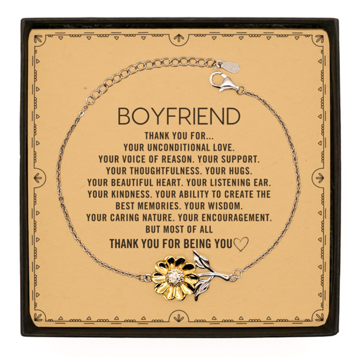 Boyfriend Sunflower Bracelet Custom, Message Card Gifts For Boyfriend Christmas Graduation Birthday Gifts for Men Women Boyfriend Thank you for Your unconditional love