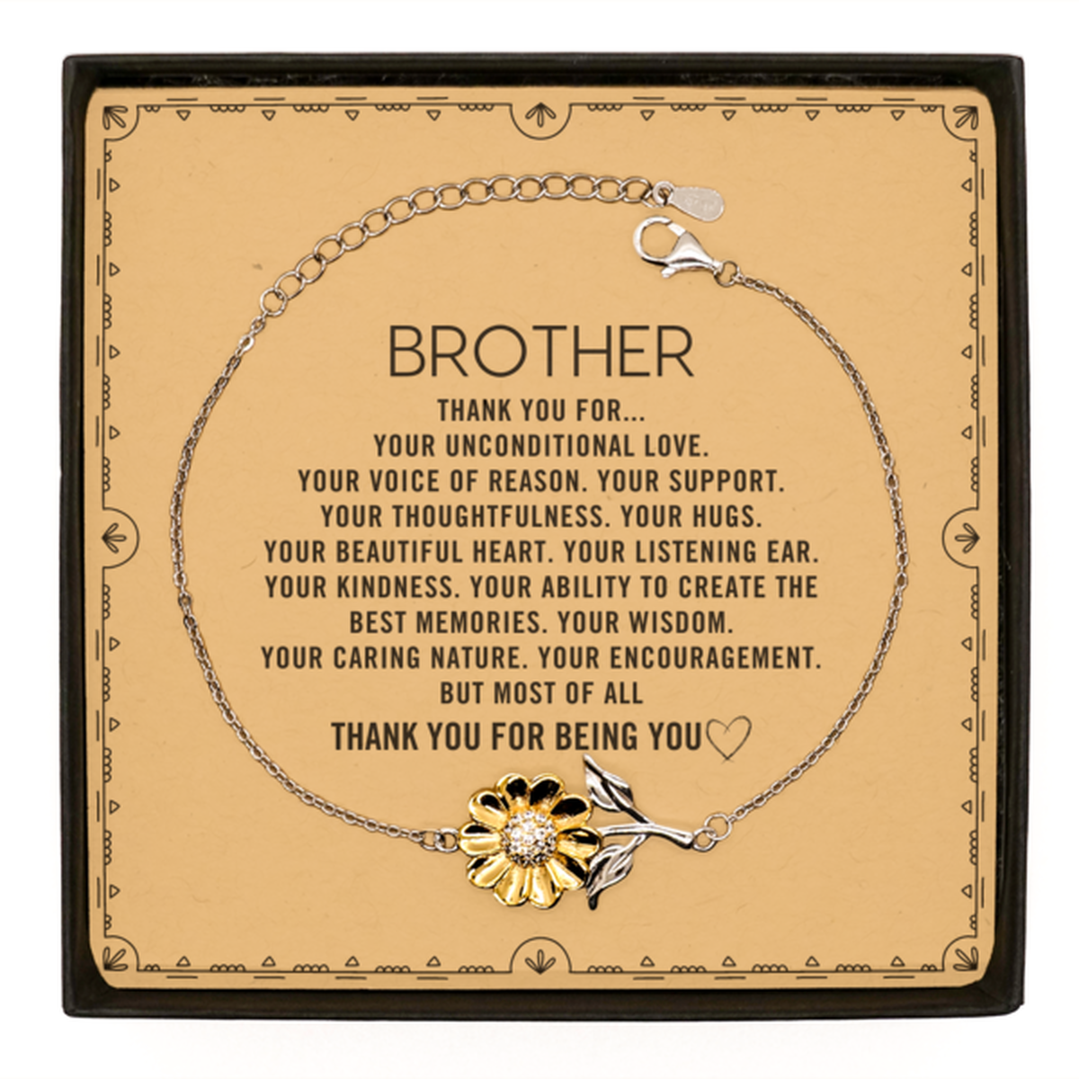 Brother Sunflower Bracelet Custom, Message Card Gifts For Brother Christmas Graduation Birthday Gifts for Men Women Brother Thank you for Your unconditional love