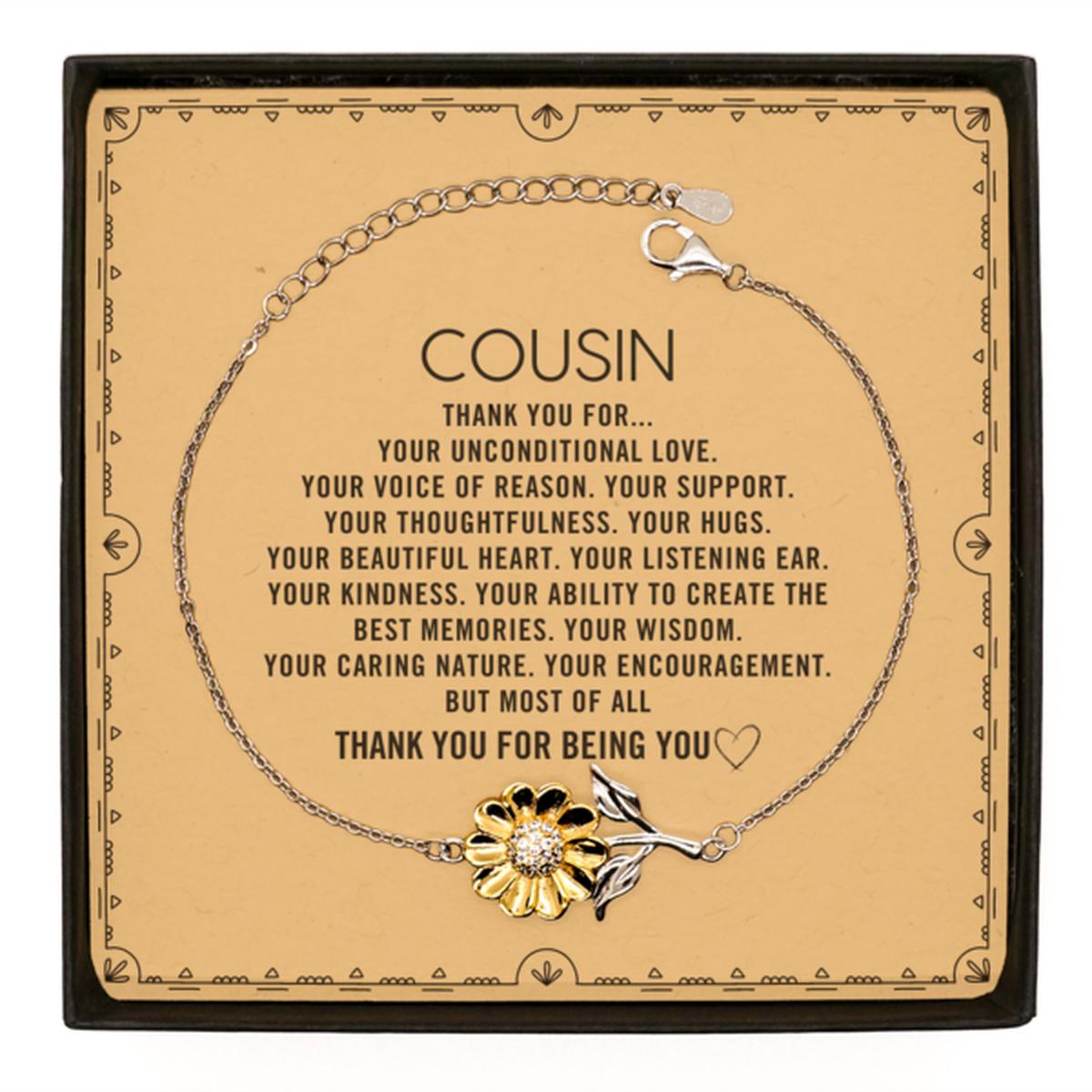 Cousin Sunflower Bracelet Custom, Message Card Gifts For Cousin Christmas Graduation Birthday Gifts for Men Women Cousin Thank you for Your unconditional love